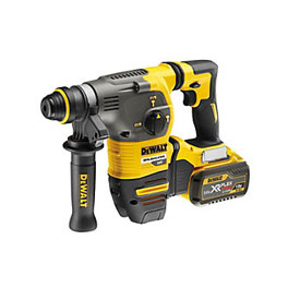 A yellow and black cordless drill with batteries