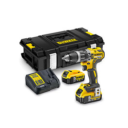 A yellow and black cordless drill with two batteries