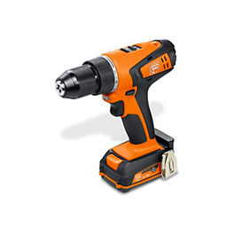 A cordless drill with an orange handle and battery.