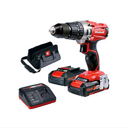 A red and black cordless drill with two batteries